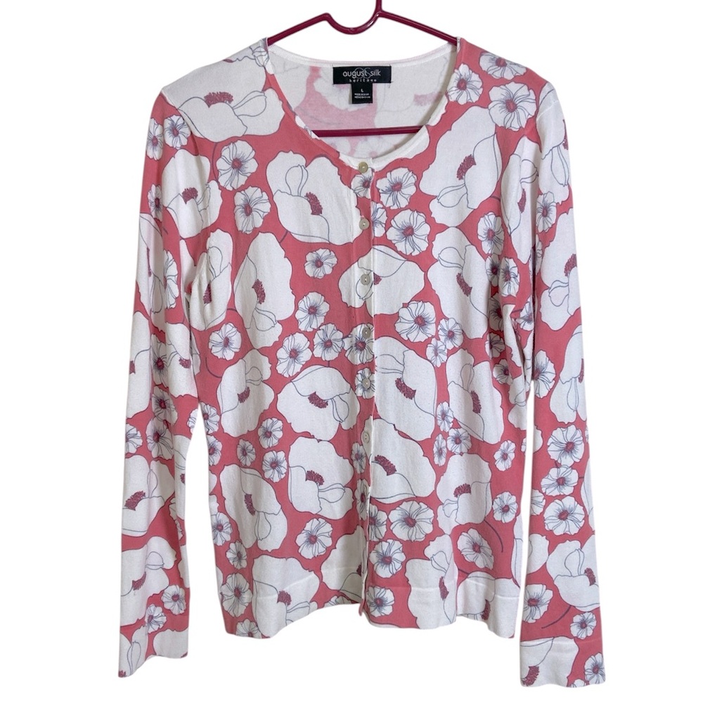 August Silk Cardigan Sweater Pink White Poppy Flowers Lightweight WM SZ L